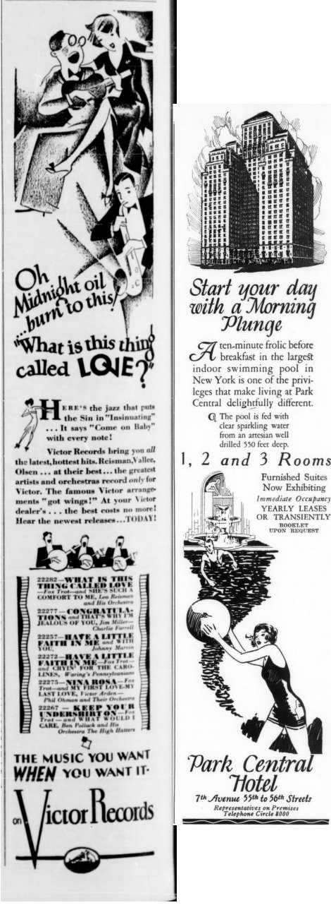 Vintage advertisements for Victor Records and The Park Central Hotel