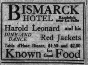 1923 Advertisement. Jack Leonard and his Red Jackets at Bismark Hotel