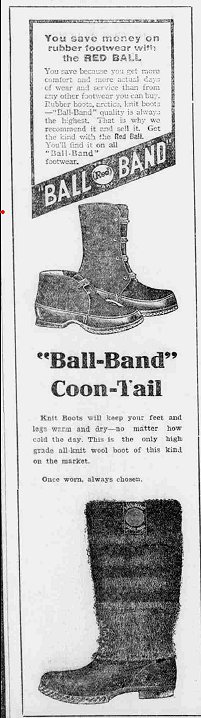 Advertisement for Red Ball "Ball Band" "Coon-Tail" boots