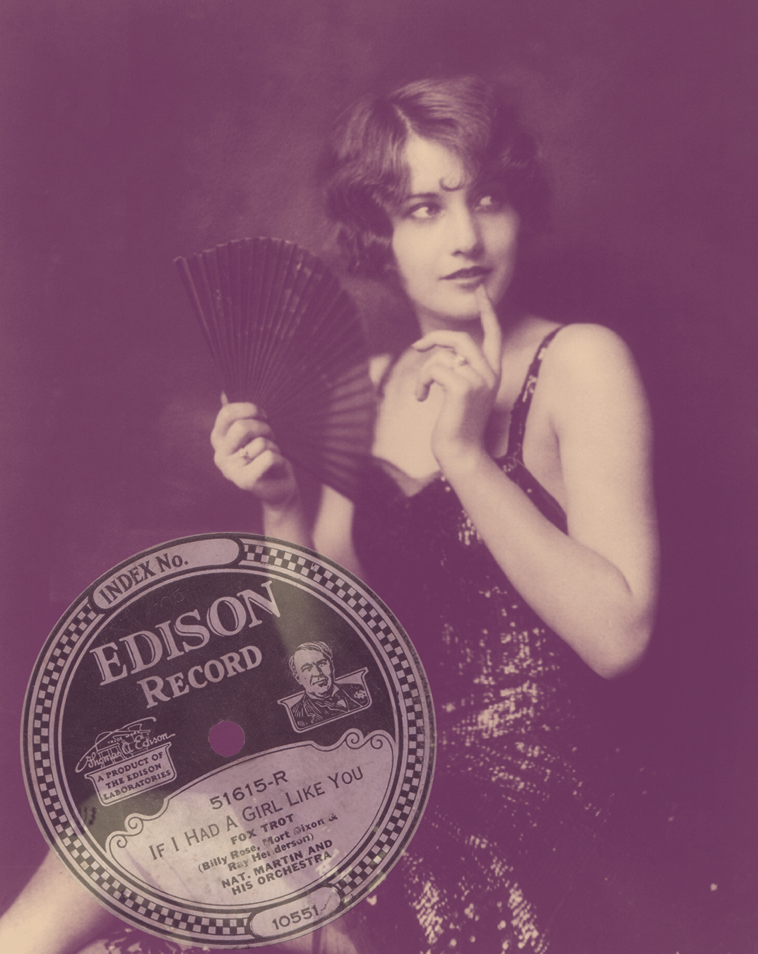 Ziegfeld showgirl Barbara Stanwyck in 1924 photo by Alfred Cheney Johnston with label for Edison 51615-R shown also.